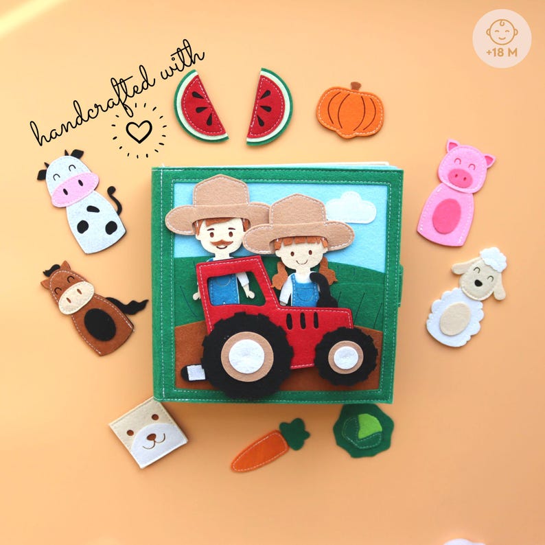 May include: A felt book for toddlers featuring a red tractor with a farmer and a farmer's wife. The book includes felt pieces of a cow, horse, pig, sheep, watermelon, pumpkin, carrot, and cabbage. The book is labelled "handcrafted with" and "18 M".