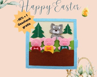 Quiet Book Drei kleinen Schweinchen mit Fingerpuppen - personalisierte Geschenke Kinder/Stilles Buch/ Montessori Spielzeug