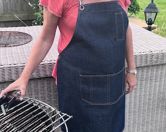 Denim Apron for Men or Women,  BBQ Chefs or Baking, many DIY Trades and Workwear, Cooking with Adjustable Neck Strap and Four Pockets