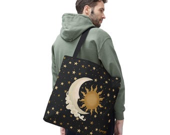 Bolso de mano celestial con diseño de sol y luna creciente