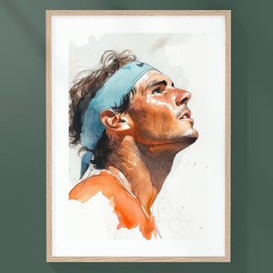 Stampa artistica del ritratto di Rafael Nadal – Acquerello e penna Illustrazione astratta originale su carta d'archivio / Arte murale sportiva di alta qualità