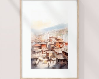 Sarajevo Streets, Mahala, Bosnia art, Bosnian urban landscape, Watercolor art print, Bright watercolor poster, dreamy art, Balkan art