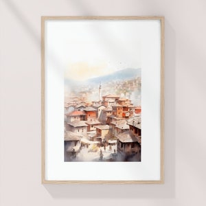 Sarajevo Streets, Mahala, Bosnische kunst, Bosnisch stedelijk landschap, Aquarelkunstprint, Heldere aquarelposter, dromerige kunst, Balkankunst