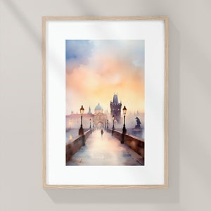 Puente de Carlos Praga, Karluv Most, arte de Praga, impresión de arte de acuarela, escena urbana de Praga, cartel de acuarela, arte Boheme, impresión de Aquarelle