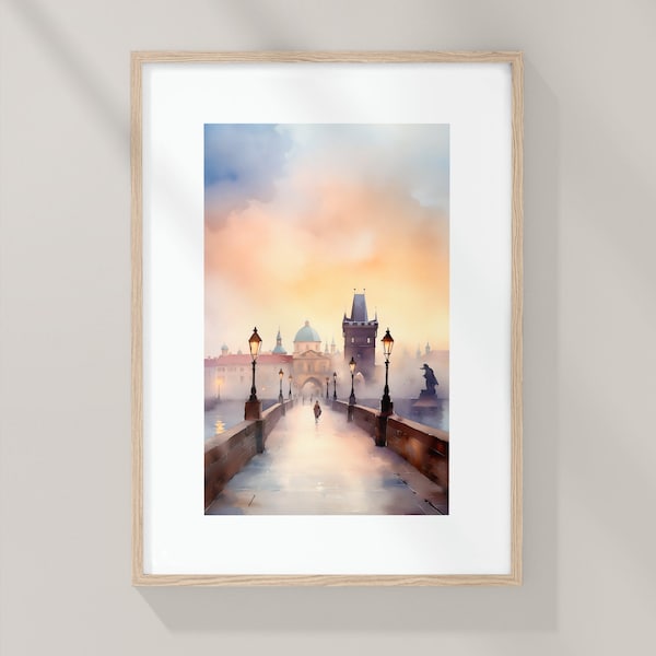 Charles Bridge Prague, Karluv Most, Praha art, Watercolor art print, Urban Prague scene, Watercolor poster, Boheme art, Aquarelle print