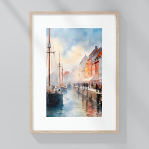 Nyhavn Quayside en Copenhague, Dinamarca, impresión de arte de acuarela, escena frente al mar, paisaje danés, cartel de acuarela ligera, arte de ensueño