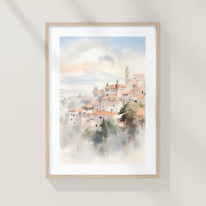 Daken van Andalusië, Granada, Cordoba, Andalusië stedelijk landschap, aquarel art print, heldere aquarel poster, dromerige kunst, landschap van Spanje