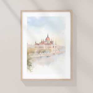 Paisaje urbano de Budapest, Parlamento húngaro, río Danubio, impresión de arte acuarela, paisaje de la costa oeste, cartel de acuarela, impresión Aquarelle
