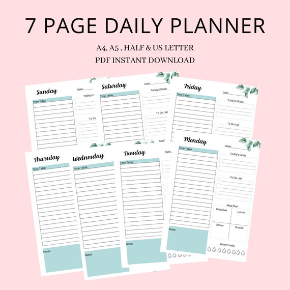 daily planner printable 7 day planner template day per page etsy