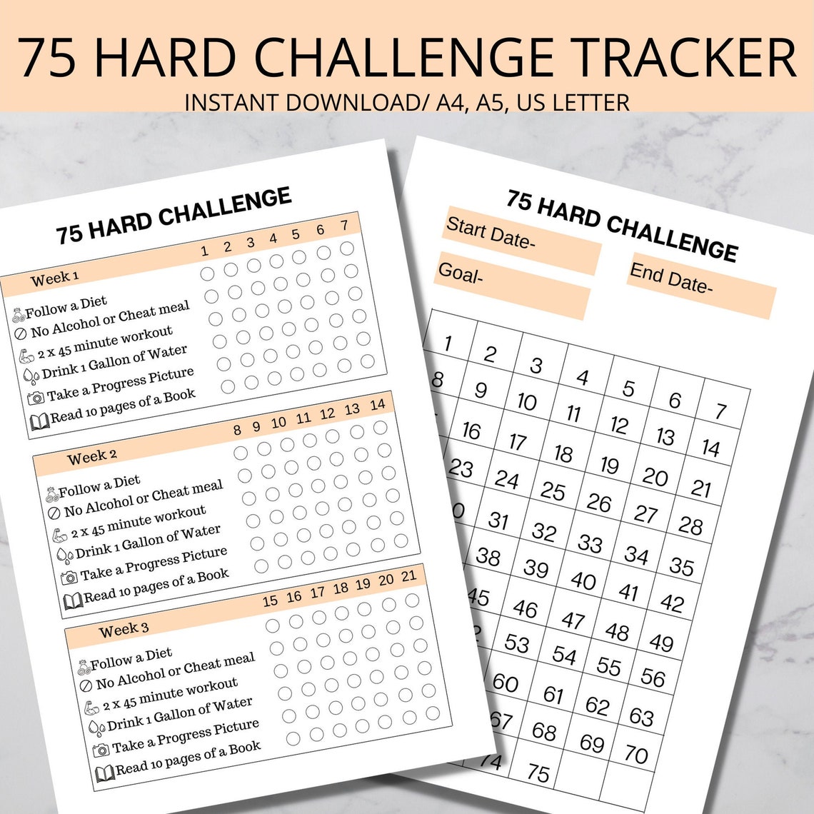 75 Hard Challenge Tracker 75 Day Challenge Printable Weight Etsy