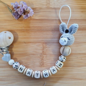 Pacifier chain with name and a unique donkey, light grey and terrazzo, girls, boys