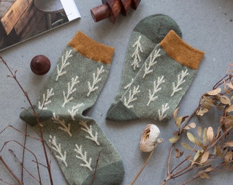 Autumn branches socks - embroidered wool socks, textured pattern branches, grass green and ginger yellow, wine red and fir green, boho, gift idea