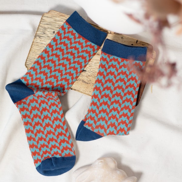 Socks in houndstooth pattern - water blue and reddish orange, retro, vintage, cotton, leather shoes, high heels, Easter, gift idea for her