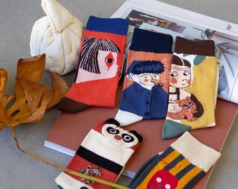 Retro Motif Socks for Women | Panda Cat Socks for Girls | Colorful Cotton Blend Socks | Creative Illustration Socks Gift FUGU