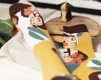 Pigtails Girls - Vintage Illustrated Yellow and Brown Painting Style Cotton Breathable Soft Gift Idea for Her Funny Socks