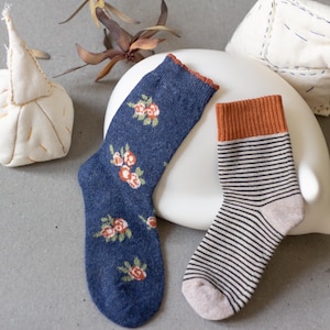 Vintage Wool Socks with Rose Pattern | Retro Floral Knit Socks in Deep Blue | Minimalist Olive Stripes with Orange Accent | Boho Gift