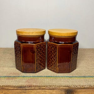 Vintage MCM Brown Treacle Glazed Basketweave Pattern Storage Jar Set