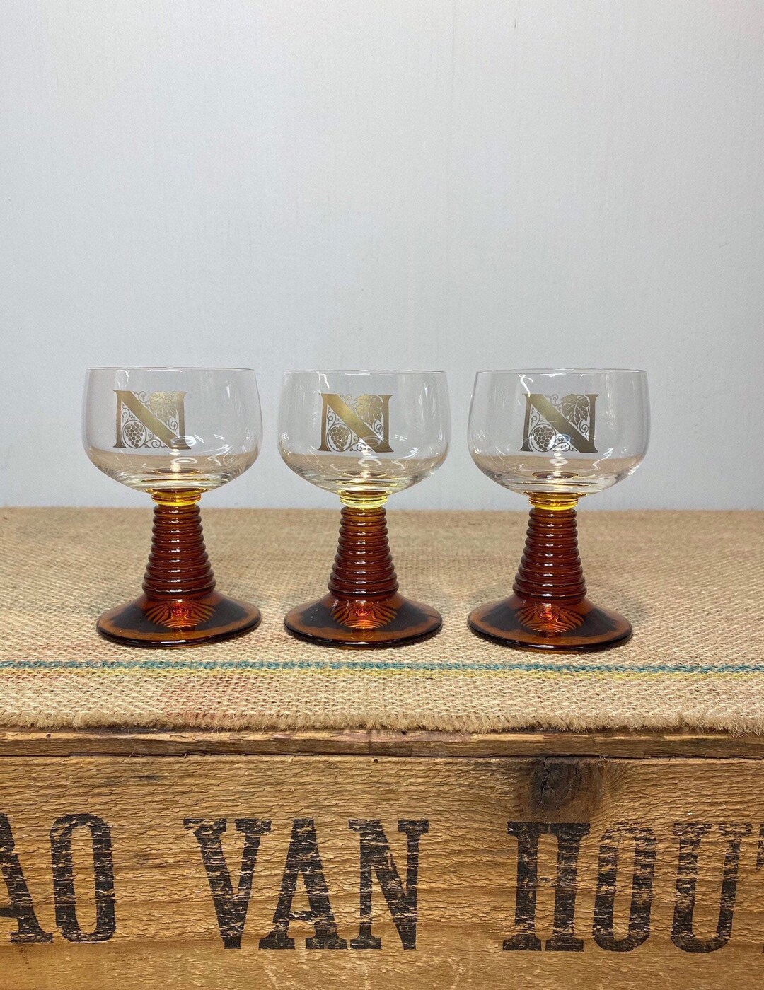 Vintage Set of Amber Beehive Glasses With Gold Decoration Etsy