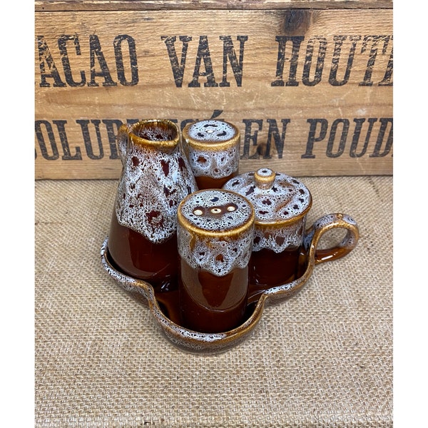 Vintage Honeycomb Pottery Condiment Set