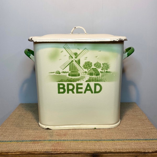 Rare Vintage Enamel Bread Bin with Windmill Design