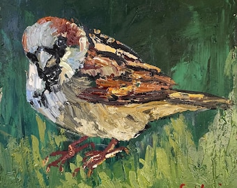 Bird Oil Painting Textured Sparrow Impasto Wall Art 8x8