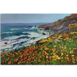 Big Sur original oil painting California poppies Rocky coast Landscape painting Ocean art Seascape canvas painting Home wall art 8 x 12