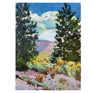 Original Mountain Landscape Oil Painting: Textured Pine Tree Forest Art