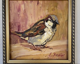Bird Oil Painting: Original Sparrow Impasto Art Framed Wall Decor, 8x8