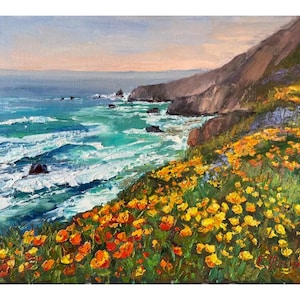 California Poppies Oil Painting: Big Sur Coastline Landscape Art (16x20)