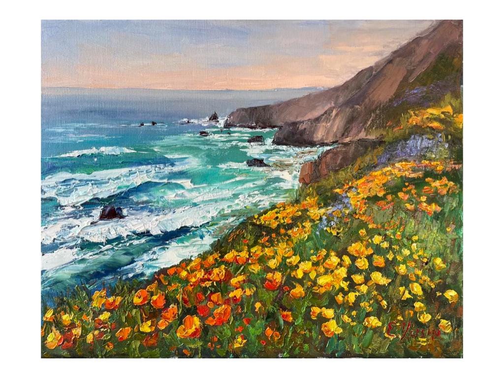 California Poppies Big Sur Original Oil Canvas Painting Ocean Coastline Landscape Coastal Wall Decor California Travel Art