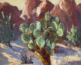 Cactus Oil Painting Joshua Tree National Park Desert Landscape Artwork 12x12