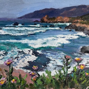 Big Sur Original Oil Painting 8 x 12 California Ocean Coast Green Blue Wall Art Pacific Ocean Coast Seascape Road Trip