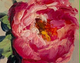 Original Peony Oil Painting: Pink Floral Impressionist Art (7x5 inches)