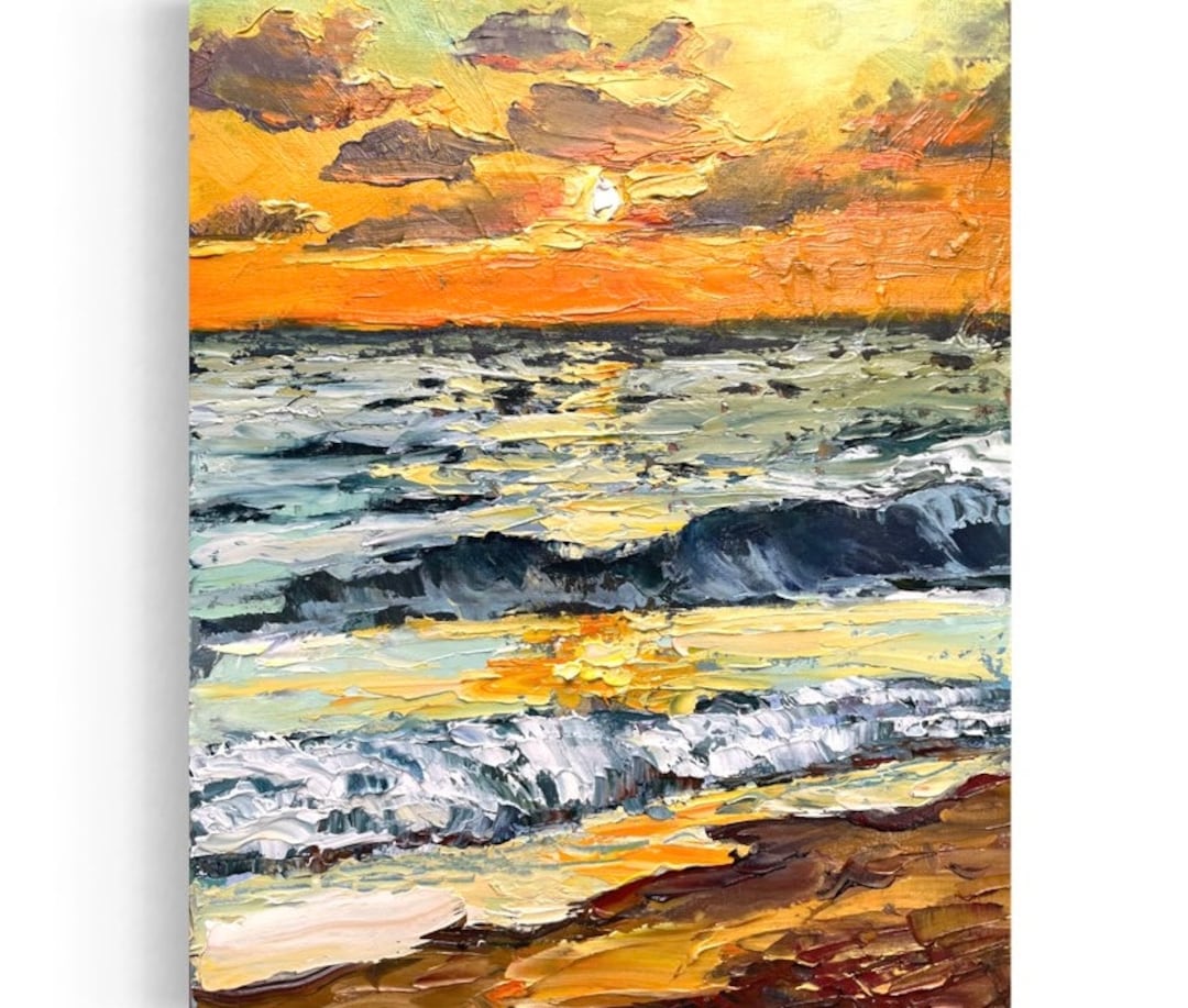 Sunset Seascape Oil Painting Original Beach Wall Art Ocean Waves ...
