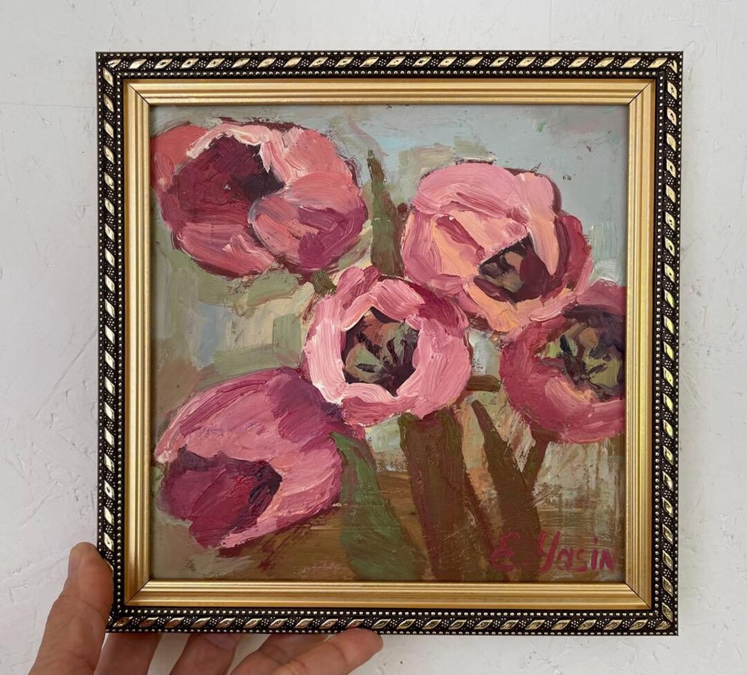 Pink Tulips Oil Painting Original 3D Floral Bouquet Impasto Art 8x8 - Etsy