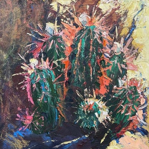 Peinture à l'huile de cactus, art mural abstrait coloré de cactus, oeuvre d'art botanique empâtement, décor de plantes du désert, peinture de nature vibrante