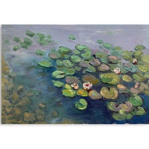 Water lilies Lily pond original oil painting Neutral tones floral art Green blue wall art Impressionist landscape