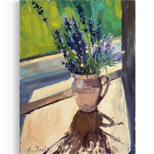 Lavender Original Oil Painting Provence Flower Art Farmhouse Kitchen Decor Purple Green Wall Art Gift for her