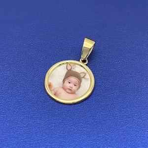 Custom Small Round Picture Pendant Personalized Photo Medallion in 10k Yellow Gold | Memorial Pendant