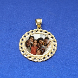 Custom Round Cuban Link Border Picture Pendant Personalized Photo Medallion in 10k Yellow Gold | Memorial Pendant | Circle Shaped Pendant