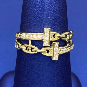 Solid 10k Gold Double Mariner Puff Cross Ring with Cubic Zirconia Stones | Size 8 | Trendy Women&#39;s Ring