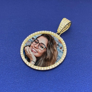 Custom Medium Round Picture Pendant Personalized Photo Medallion in 10k Yellow Gold with Cubic Zirconia Stones | Memorial Pendant