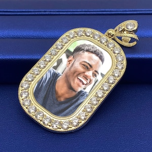 Custom Rectangle Photo Medallion Pendant in 10k Yellow Gold with Cubic Zirconia Stones | Personalize Your Photo | Memorial Pendant
