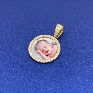 Custom Small Round Picture Pendant Personalized Photo Medallion in 10k Yellow Gold with Cubic Zirconia Stones | Memorial Pendant