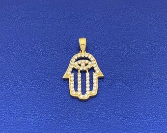 Solid 10k Yellow Gold Hamsa Hand Evil Eye Pendant with Cubic Zirconia Stones | Gold Charms | Gold Pendants