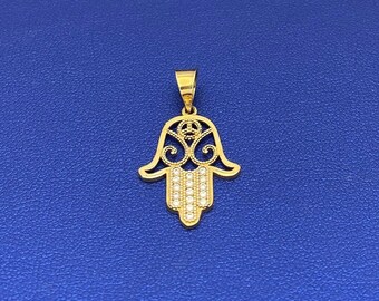 Solid 10k Yellow Gold Filigree Hamsa Hand Pendant with Cubic Zirconia Stones | Gold Charms | Gold Pendants