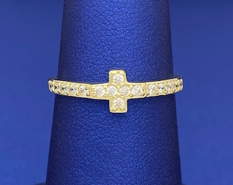 Solid 10k Gold Cross Ring with Cubic Zirconia Stones | Size 7.5 | Trendy Women&#39;s Ring