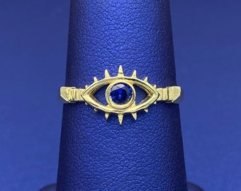 Solid 10k Yellow Gold Blue Evil Eye Ring with Cubic Zirconia Stone | Real Gold Women&#39;s Rings | Size 6 | Size 8