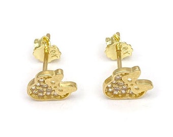 Real 10k Gold Minnie Mouse Stud Earrings with Cubic Zirconia Stones | Push Back Earrings | Solid 10k Yellow Gold | Women's Studs