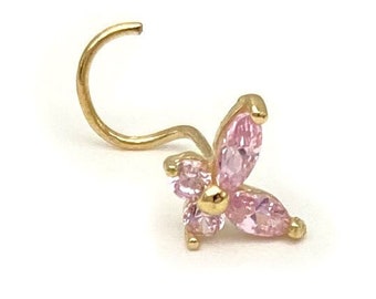 24G Solid 14k Gold Pink Butterfly Nose U-shaped Screw Stud with Cubic Zirconia Stones | Pink Nose Ring | Trendy Nose Ring | Real 14kt Gold
